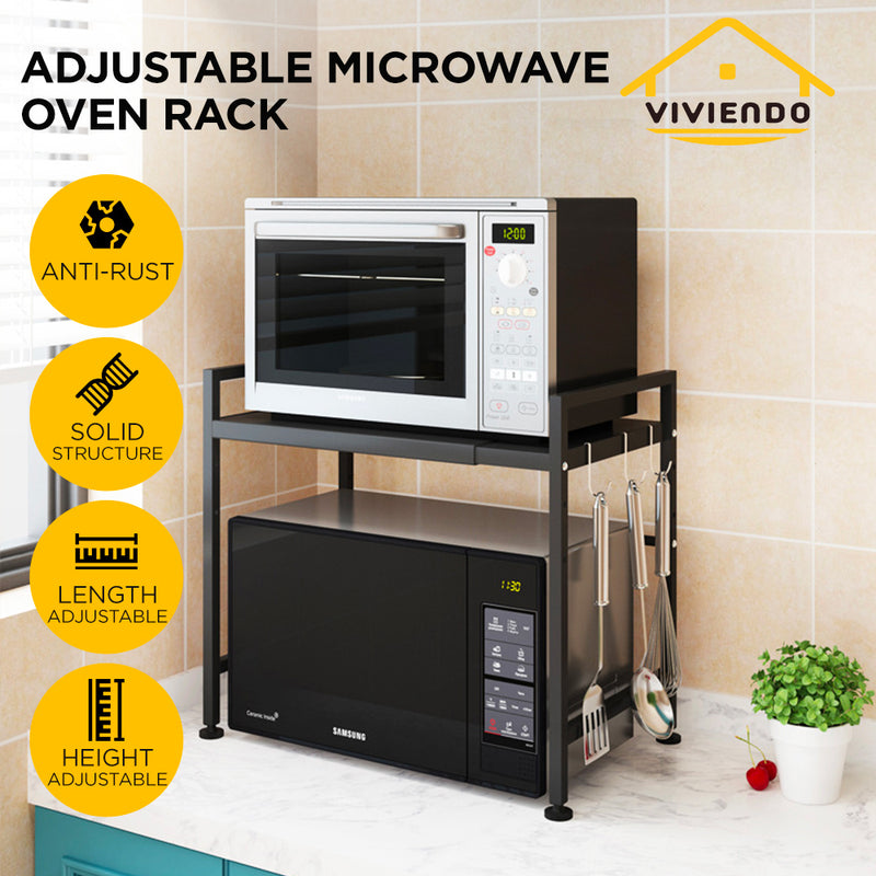 Viviendo Microwave Oven Shelf Rack Adjustable Metal Kitchen Organiser Storage 2 Tier - Black