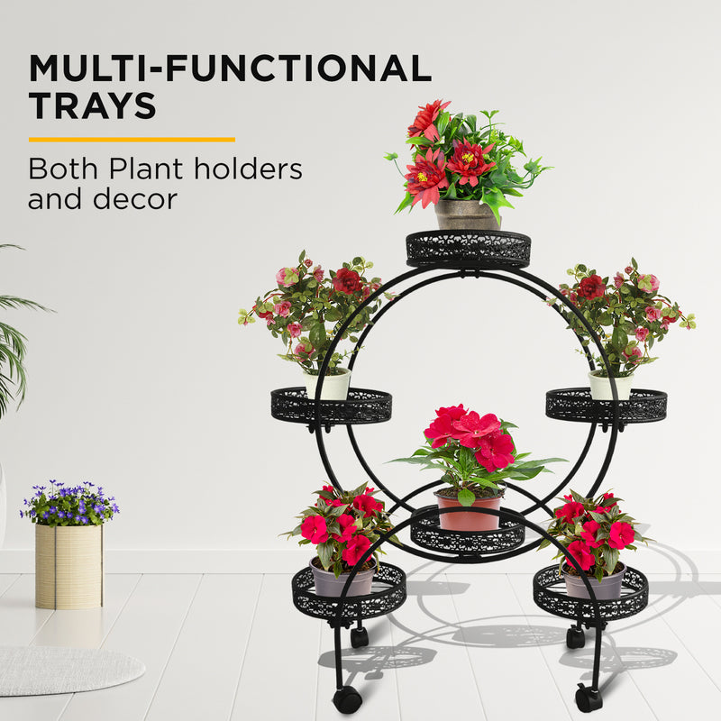 Viviendo 4 Tiers 6 Flower Potted Holders Indoor Metal Plant Stand with Wheels - Round