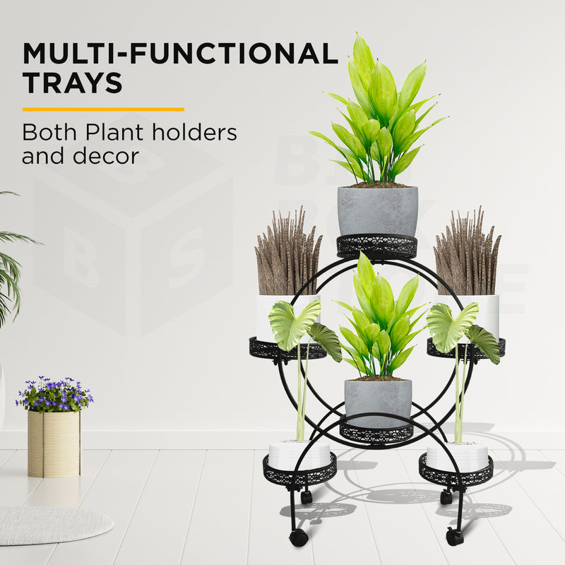 Viviendo 4 Tiers 6 Flower Potted Holders Indoor Metal Plant Stand with Wheels - Round