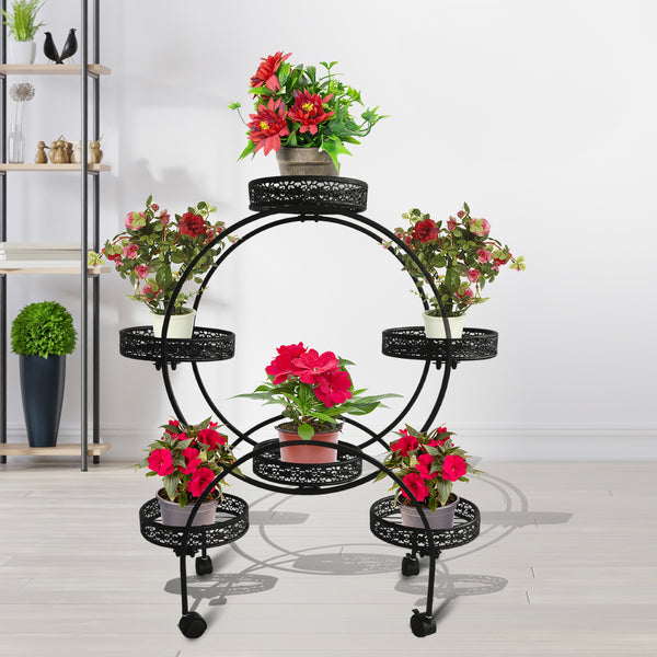 Viviendo 4 Tiers 6 Flower Potted Holders Indoor Metal Plant Stand with Wheels - Round Black