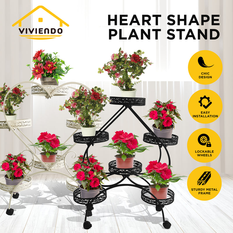 Viviendo 4 Tiers 6 Flower Potted Holders Indoor Metal Plant Stand with Wheels - Heart White