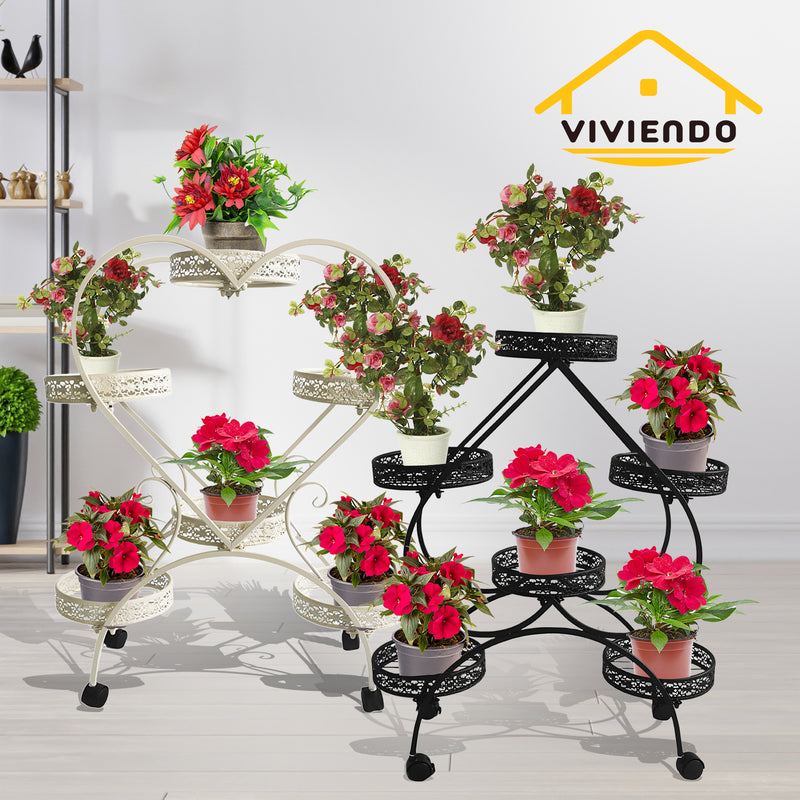 Viviendo 4 Tiers 6 Flower Potted Holders Indoor Metal Plant Stand with Wheels - Heart White