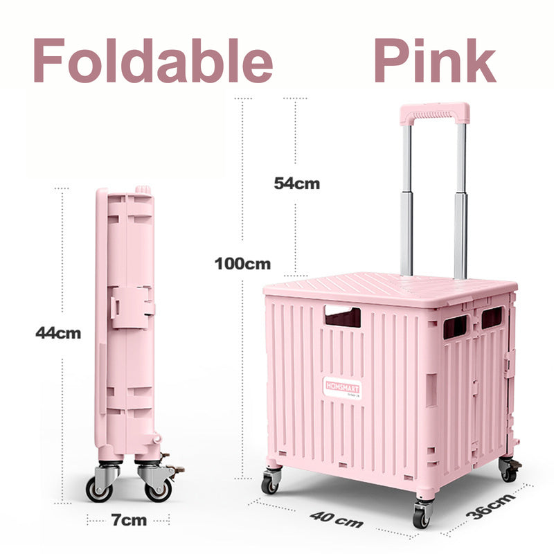 Viviendo 65L Foldable Shopping Trolley Cart Portable Grocery Basket Rolling Wheel with Top Cover - Pink