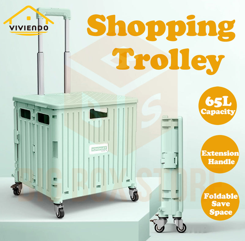 Viviendo 65L Foldable Shopping Trolley Cart Portable Grocery Basket Rolling Wheel with Top Cover