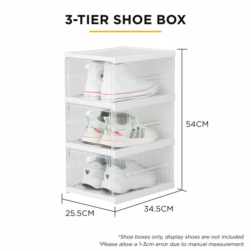 Viviendo Foldable 3 Tier Transparent Buckle Closure Stackable Shoe Box - White
