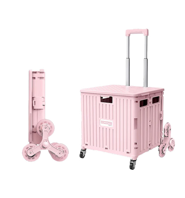 Viviendo 65L Foldable Shopping Trolley Cart Portable Grocery Basket Climbing Wheel with Top Cover - Pink
