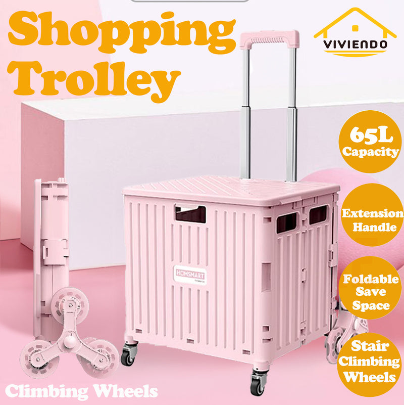 Viviendo 65L Foldable Shopping Trolley Cart Portable Grocery Basket Climbing Wheel with Top Cover