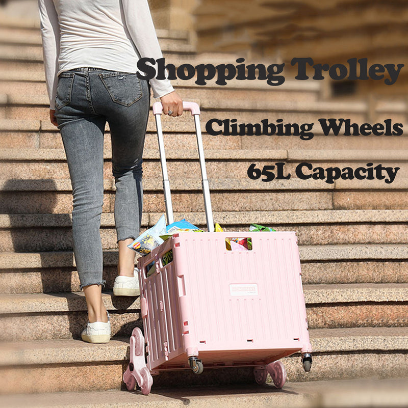 Viviendo 65L Foldable Shopping Trolley Cart Portable Grocery Basket Climbing Wheel with Top Cover - Purple
