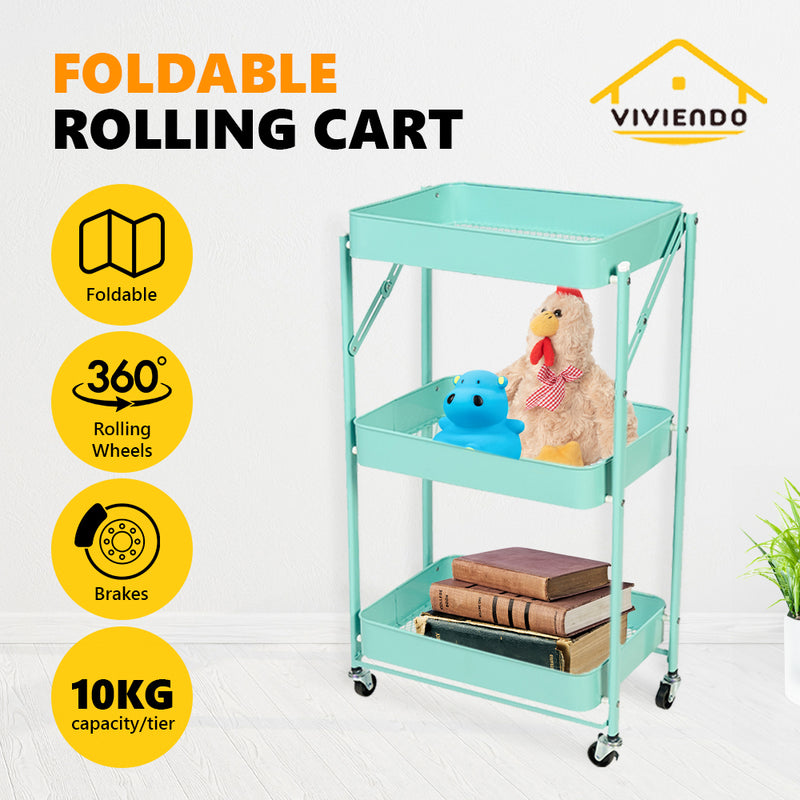 Viviendo 3 Tier Organiser Trolley Foldable Metal Utility Rolling Cart Home Storage Kitchen - Mint
