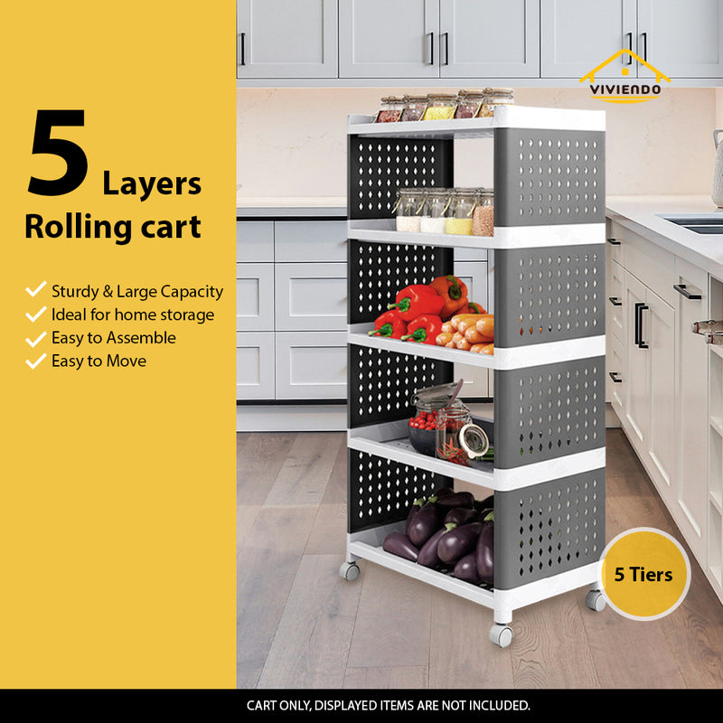 Viviendo 5 Tier Organiser Trolley Plastic Rolling Cart Home Storage Kitchen White Grey