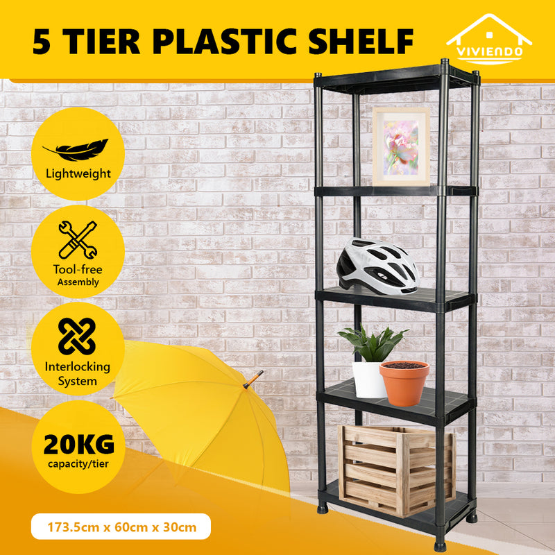 Viviendo 5 Tier Shelving Rack Organiser Plastic Home Storage Garage Multipurpose - Black