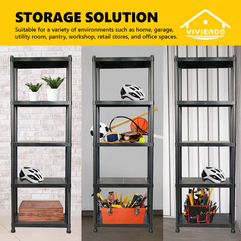 Viviendo 5 Tier Shelving Rack Organiser Plastic Home Storage Garage Multipurpose - Black
