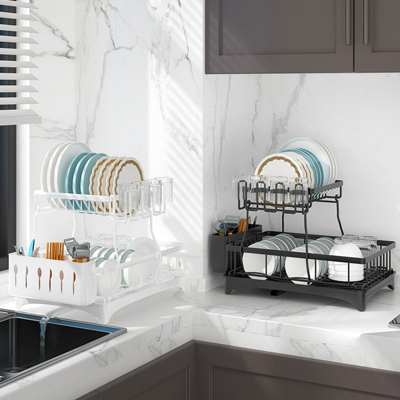 Viviendo 2 Tier Dish Drainer Drying Rack in Carbon Steel with Kitchen Counter Cup and Cutlery Holder - White
