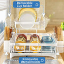 Viviendo 2 Tier Dish Drainer Drying Rack in Carbon Steel with Kitchen Counter Cup and Cutlery Holder - White