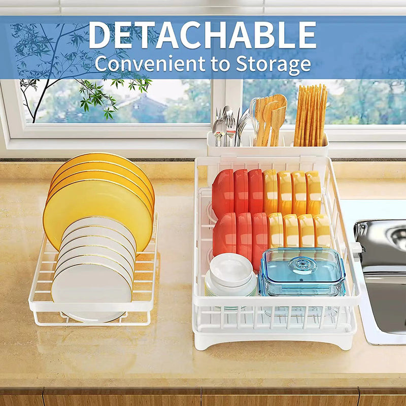 Viviendo 2 Tier Dish Drainer Drying Rack in Carbon Steel with Kitchen Counter Cup and Cutlery Holder - White