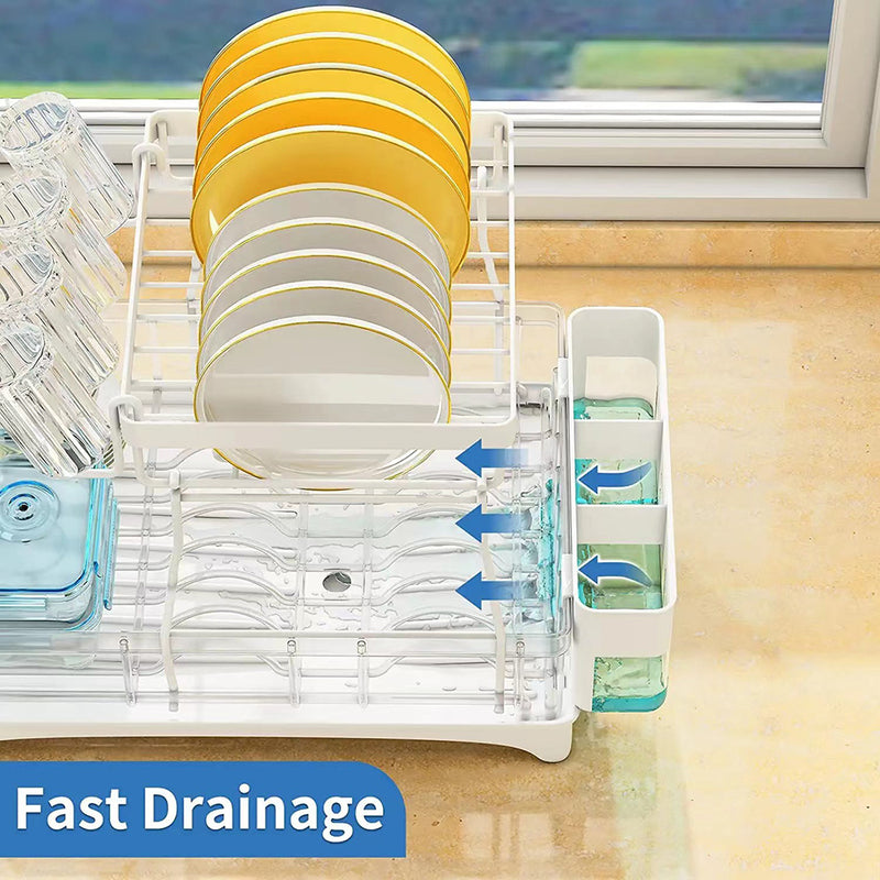 Viviendo 2 Tier Dish Drainer Drying Rack in Carbon Steel with Kitchen Counter Cup and Cutlery Holder - White