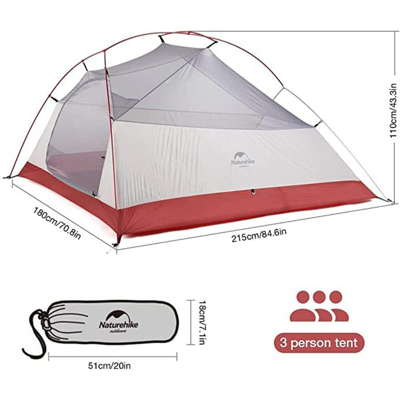 Naturehike Upgraded Cloud-up Camping Hiking 3 Person Backpacking Tent - 20D Grey