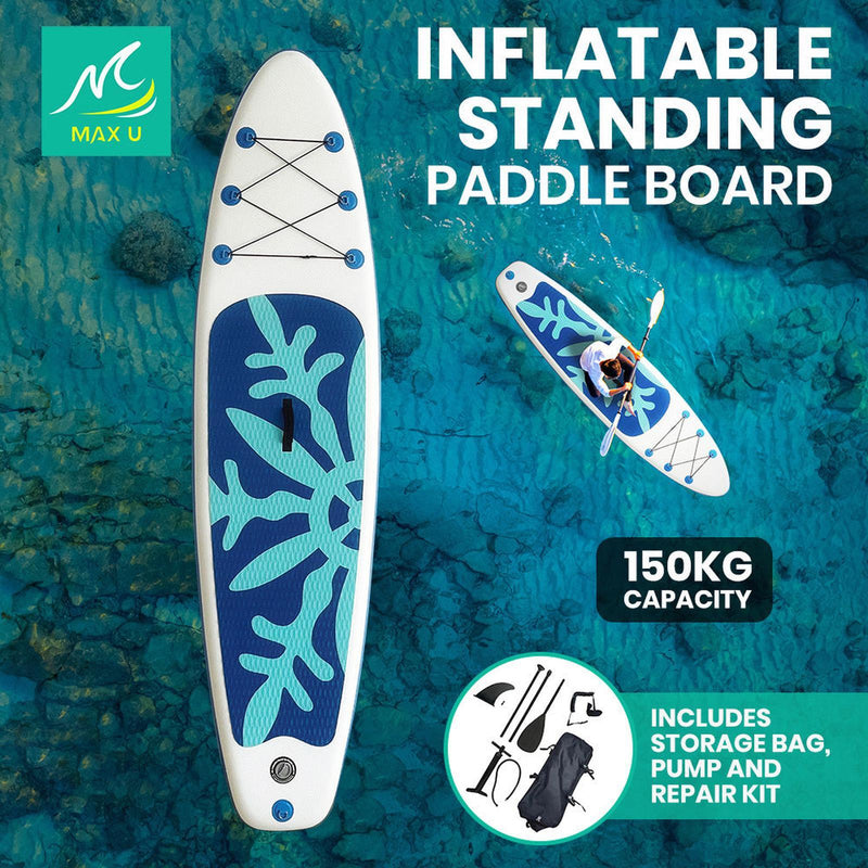 MaxU 10'6'' Inflatable Paddle Board 3.2m SUP Surfboard Stand Up Paddleboard with Bonus Accessories - Snowflake Blue