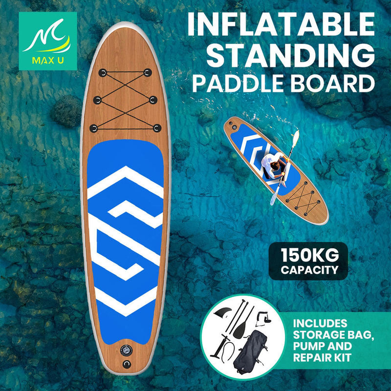 MaxU 10'6'' Inflatable Paddle Board 3.2m SUP Surfboard Stand Up Paddleboard with Bonus Accessories - Wood Blue