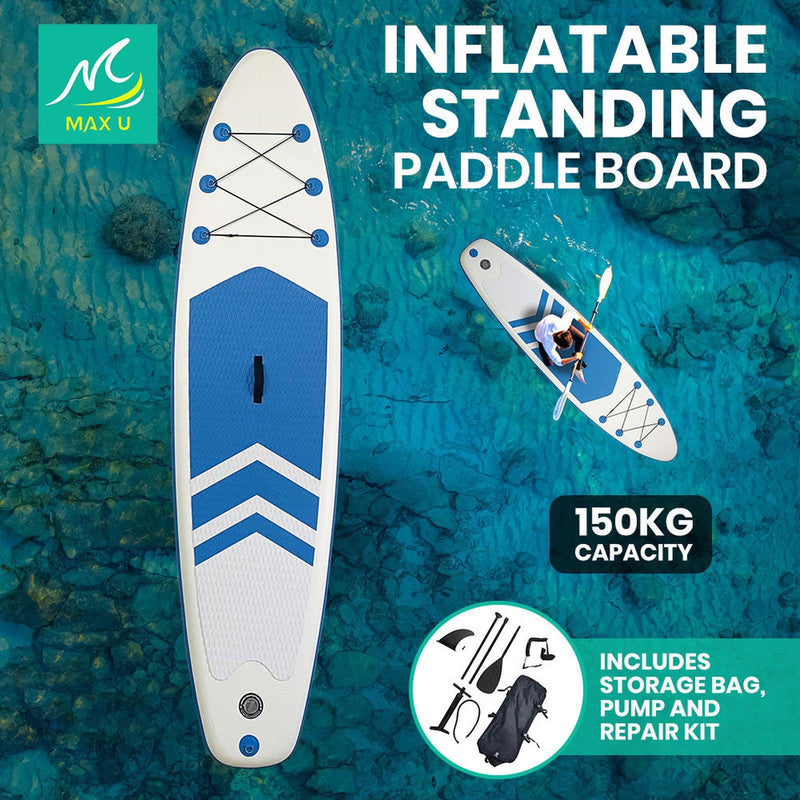 MaxU 10'6'' Inflatable Paddle Board 3.2m SUP Surfboard Stand Up Paddleboard with Bonus Accessories - White / Blue