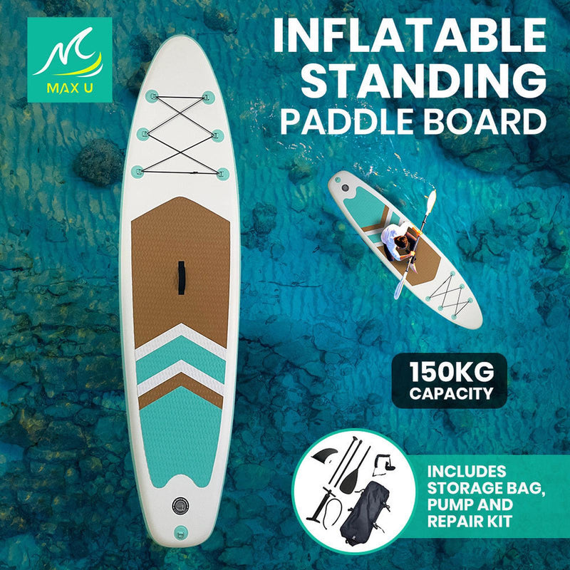 MaxU 10'6'' Inflatable Paddle Board 3.2m SUP Surfboard Stand Up Paddleboard with Bonus Accessories - Mint / Brown