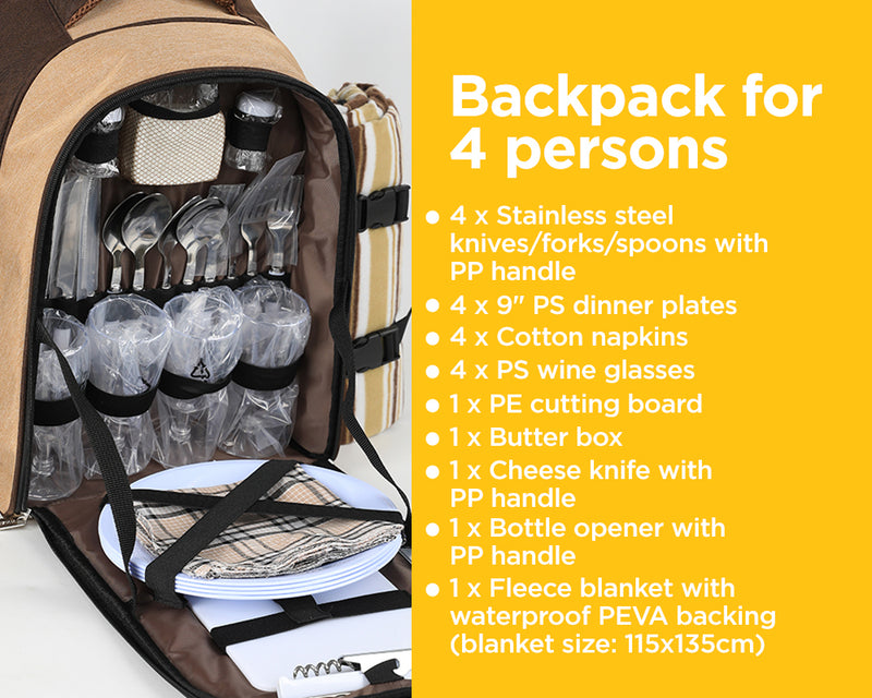 Viviendo Picnic Backpack for 4 Person with Insulated Leakproof Cooler Bag and Cutlery Set - Vintage Brown