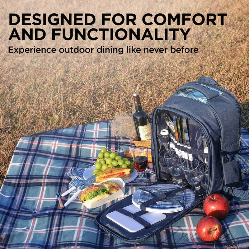 Viviendo Picnic Backpack for 4 Person with Insulated Leakproof Cooler Bag and Cutlery Set - Navy Blue