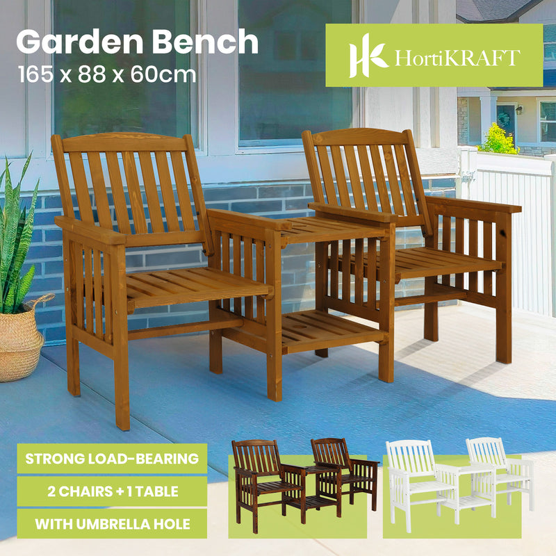 HortiKRAFT Wooden Garden Bench Outdoor Twin Loveseat 2-Seater Table Furniture - Brown