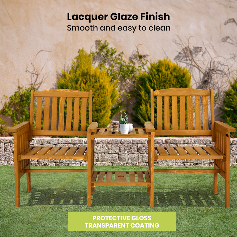 HortiKRAFT Wooden Garden Bench Outdoor Twin Loveseat 2-Seater Table Furniture