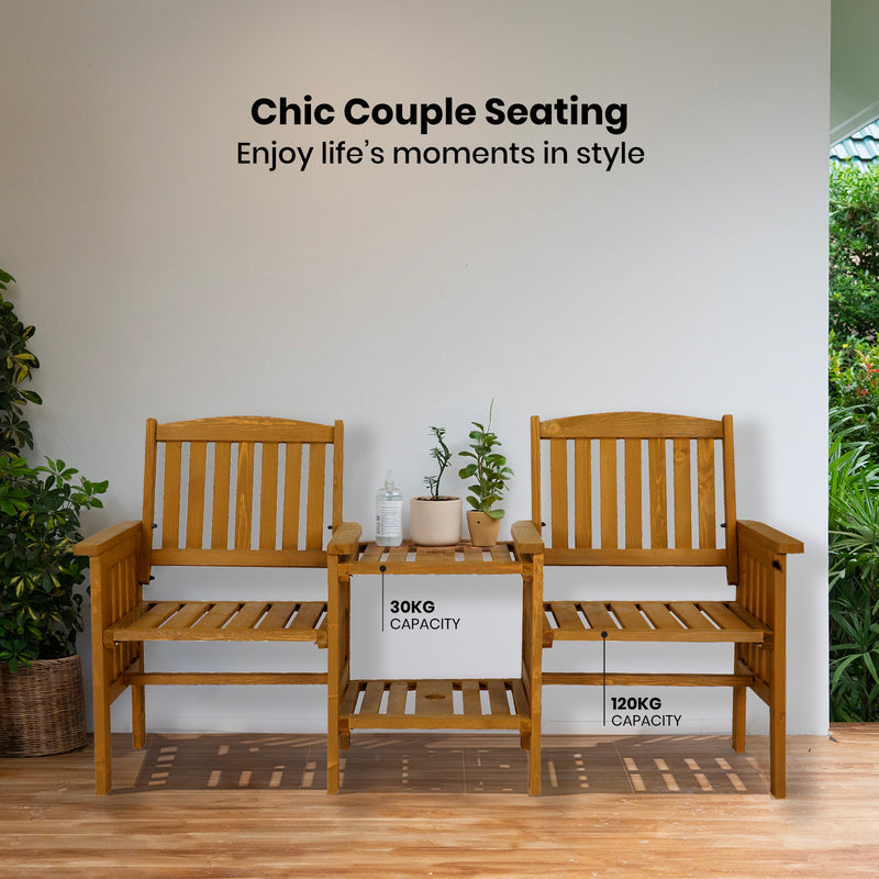 HortiKRAFT Wooden Garden Bench Outdoor Twin Loveseat 2-Seater Table Furniture