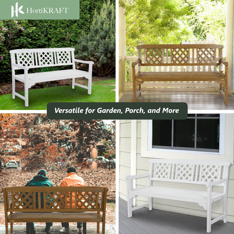 HORTIKRAFT Wooden Garden Bench Outdoor Furniture 3-Seater Lounge Lattice - White