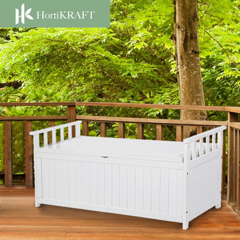 HORTIKRAFT Outdoor Storage Box Wooden Bench Garden Furniture Chest Tool Toys - White