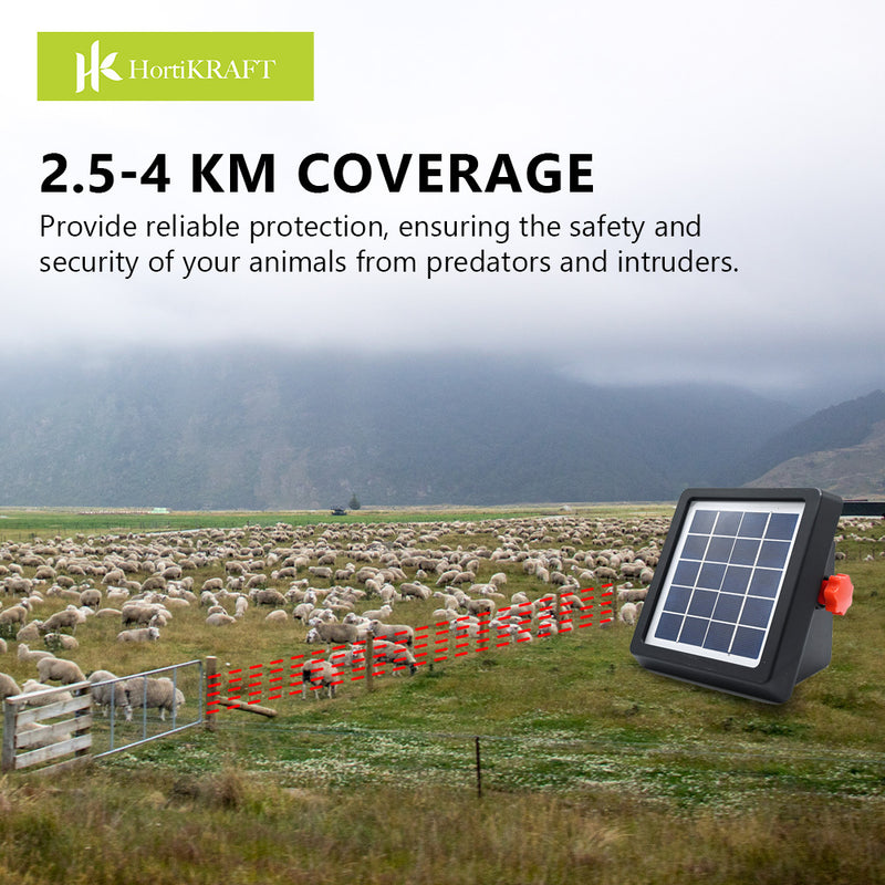 HORTIKRAFT 2.5-4KM All-in-one Solar Fence Energizer Electric Charger for Cattle Horses Sheep Farm Livestock