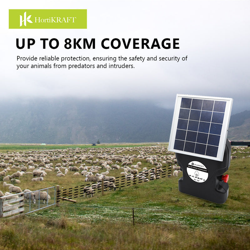 HortiKraft 8km Solar Powered Fence Energizer Electric Charger 0.3J Farm Animal Livestock