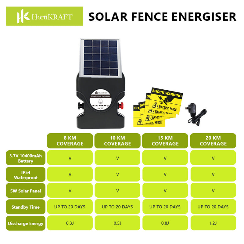 HortiKraft 8km Solar Powered Fence Energizer Electric Charger 0.3J Farm Animal Livestock