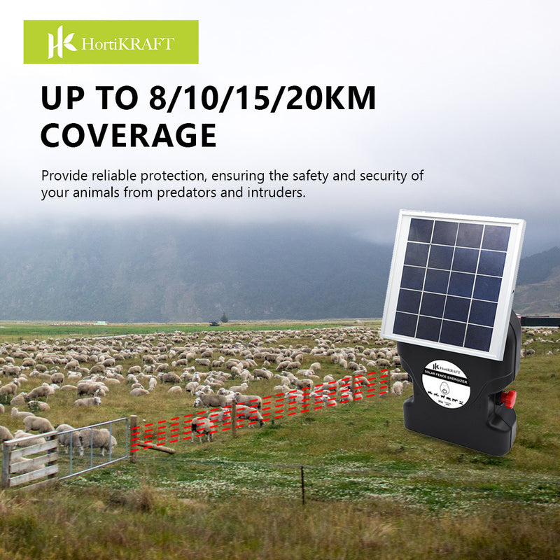 HortiKraft Solar Powered Electric Fence Energizer 5-20km Coverage Poly Tape Rope