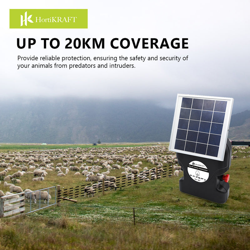 HortiKraft 20km Solar Powered Fence Energizer Electric Charger 1.2J Farm Animal Livestock