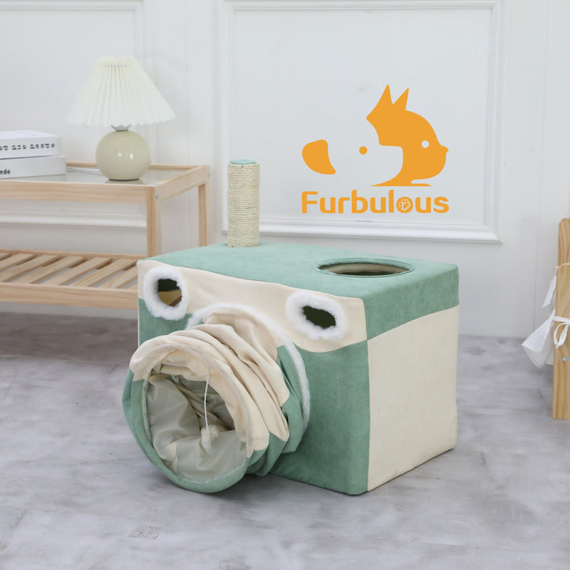 Furbulous Cat Tunnel with Hideaway Box Nest Cave House and Scratching Post - Camera Shape