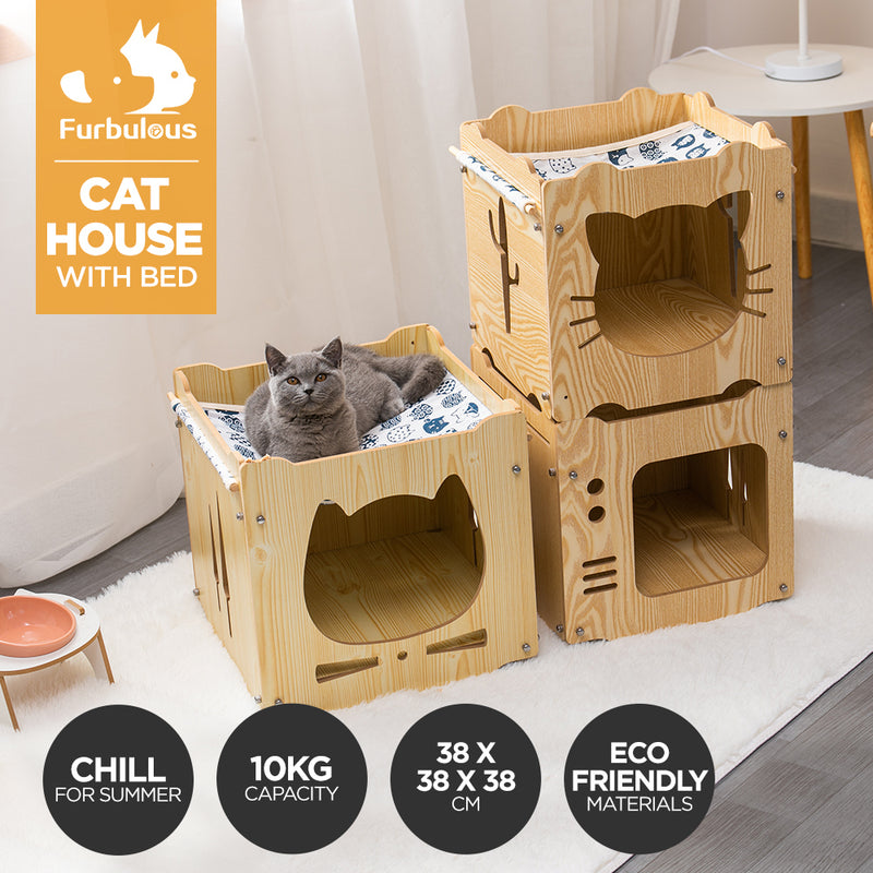 Furbulous Stackable Cat Box Wood House and Cat Nap Hammock in Kitten Style