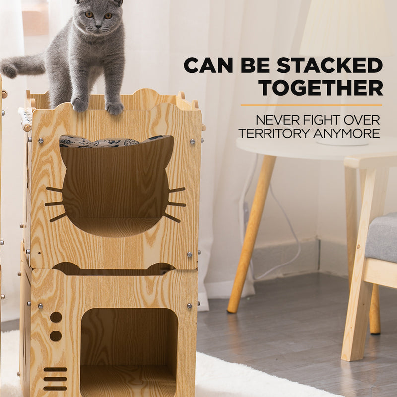 Furbulous Stackable Cat Box Wood House and Cat Nap Hammock in TV Style