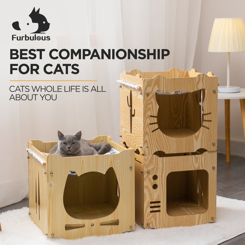 Furbulous Stackable Cat Box Wood House and Cat Nap Hammock in TV Style