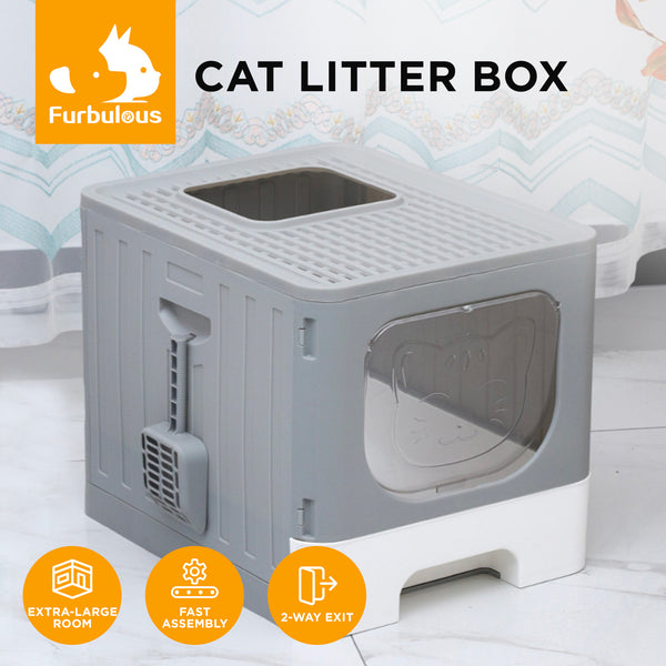 Furbulous Large Anti-Splashing Enclosed Cat Drawer Litter Box - Grey