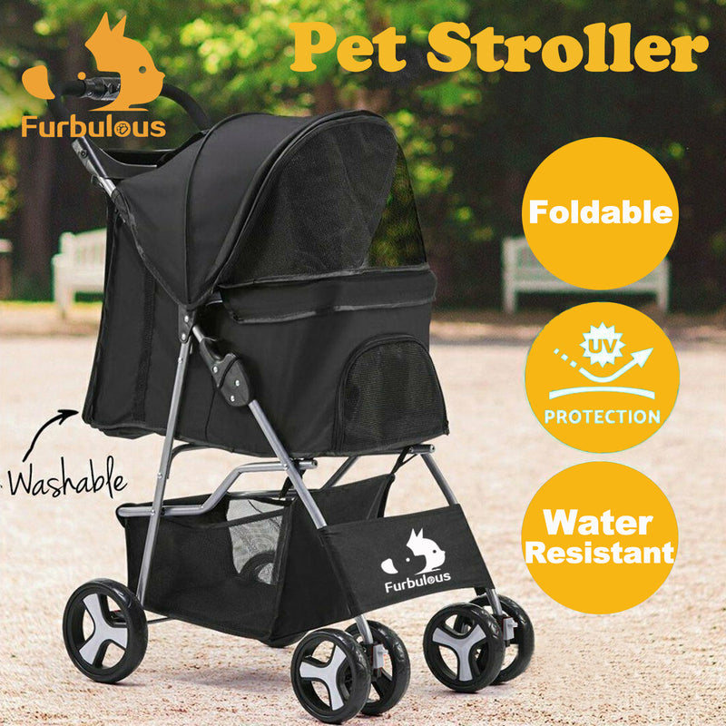 Furbulous Pet Stroller 4 Wheel Foldable Dog Pram Large Cat Travel Carrier - Black