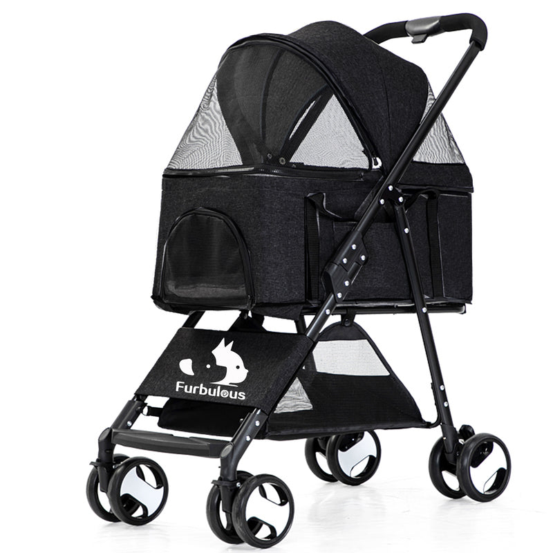 Furbulous Pet Dog Stroller Pram Cat Carrier Large Travel Pushchair Foldable 4 Wheels with Detachable Basket - Black