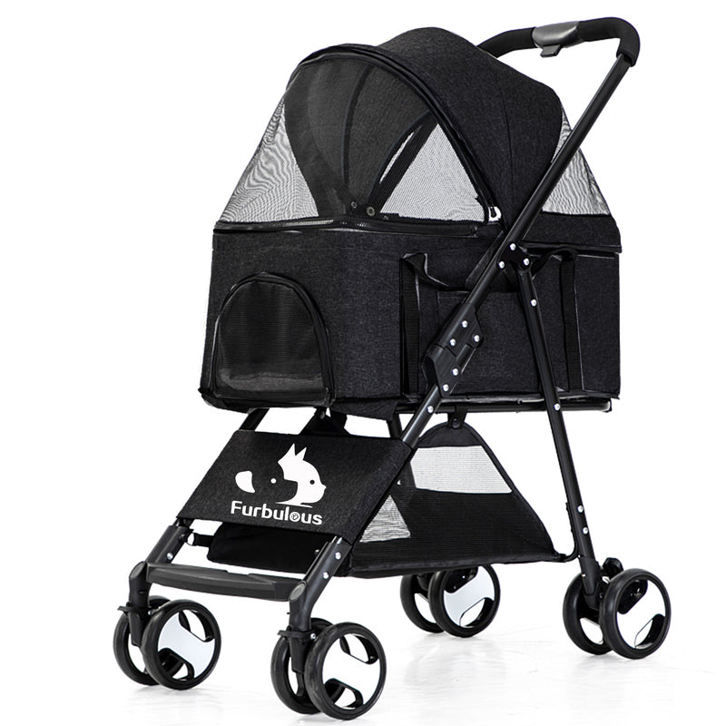 Furbulous Pet Dog Stroller Pram Cat Carrier Large Travel Pushchair Foldable 4 Wheels with Detachable Basket