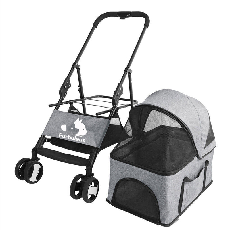 Furbulous Pet Dog Stroller Pram Cat Carrier Large Travel Pushchair Foldable 4 Wheels with Detachable Basket