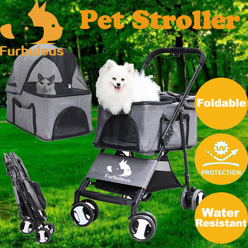 Furbulous Pet Dog Stroller Pram Cat Carrier Large Travel Pushchair Foldable 4 Wheels with Detachable Basket - Grey