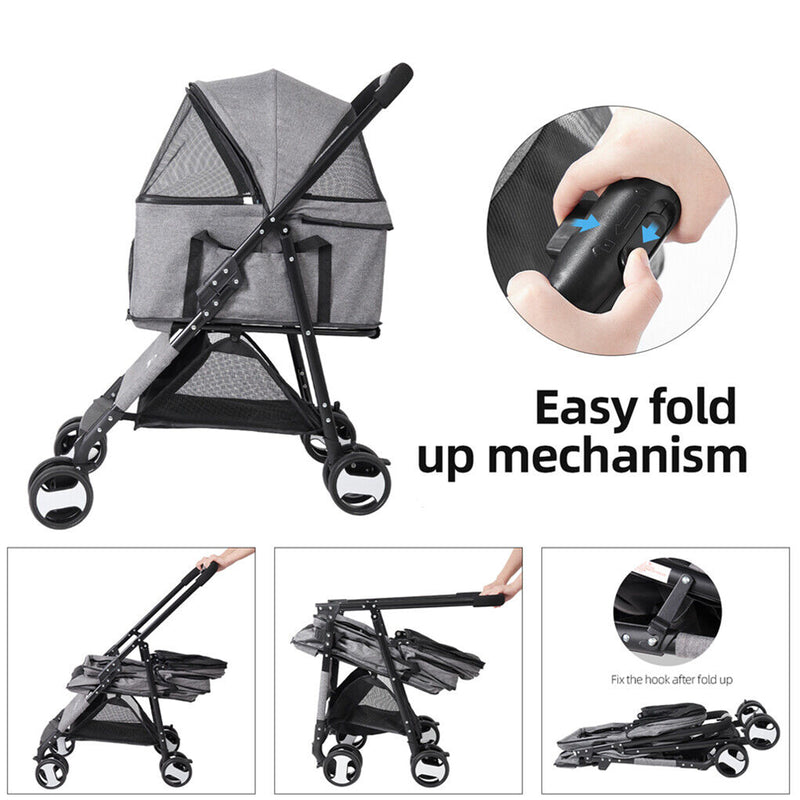 Furbulous Pet Dog Stroller Pram Cat Carrier Large Travel Pushchair Foldable 4 Wheels with Detachable Basket - Grey