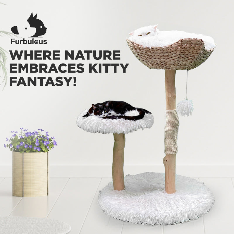 Furbulous Selected Real Wood Cat Tree with Rattan and Plush Fabric - 75cm