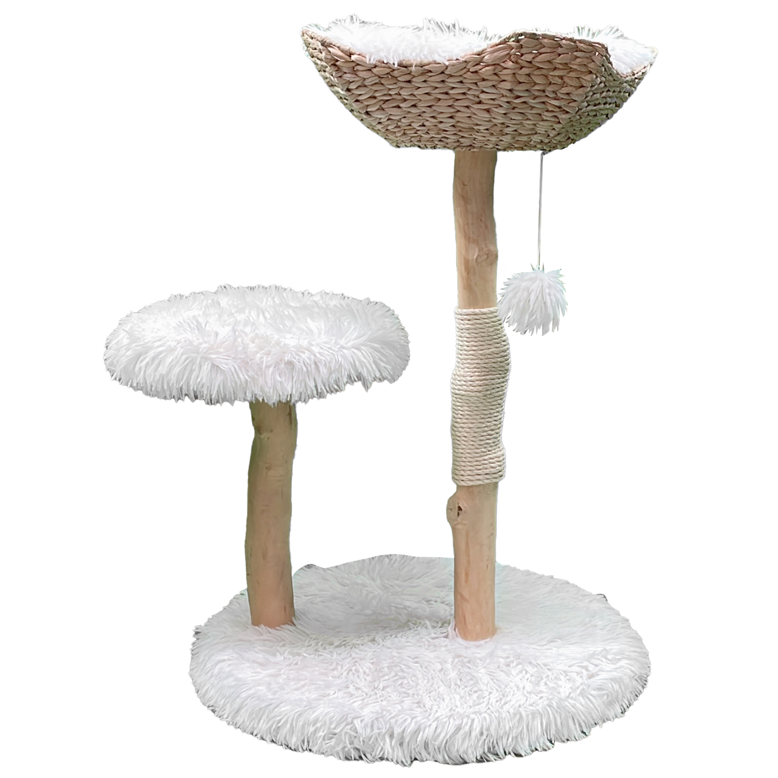 Furbulous Premium Real Wood Cat Tree with Rattan and Plush Fabric